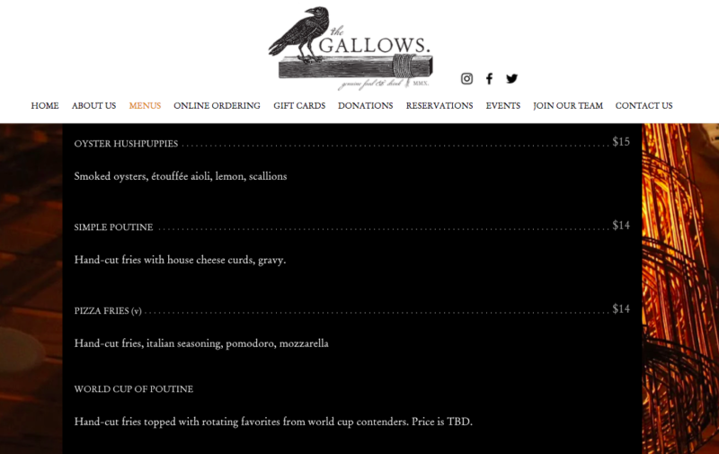 image of the Gallows Boston restaurant menu