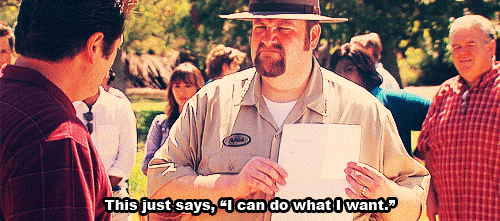 gif from parks and rec showing a park ranger telling ron swanson that he does not have the right permit