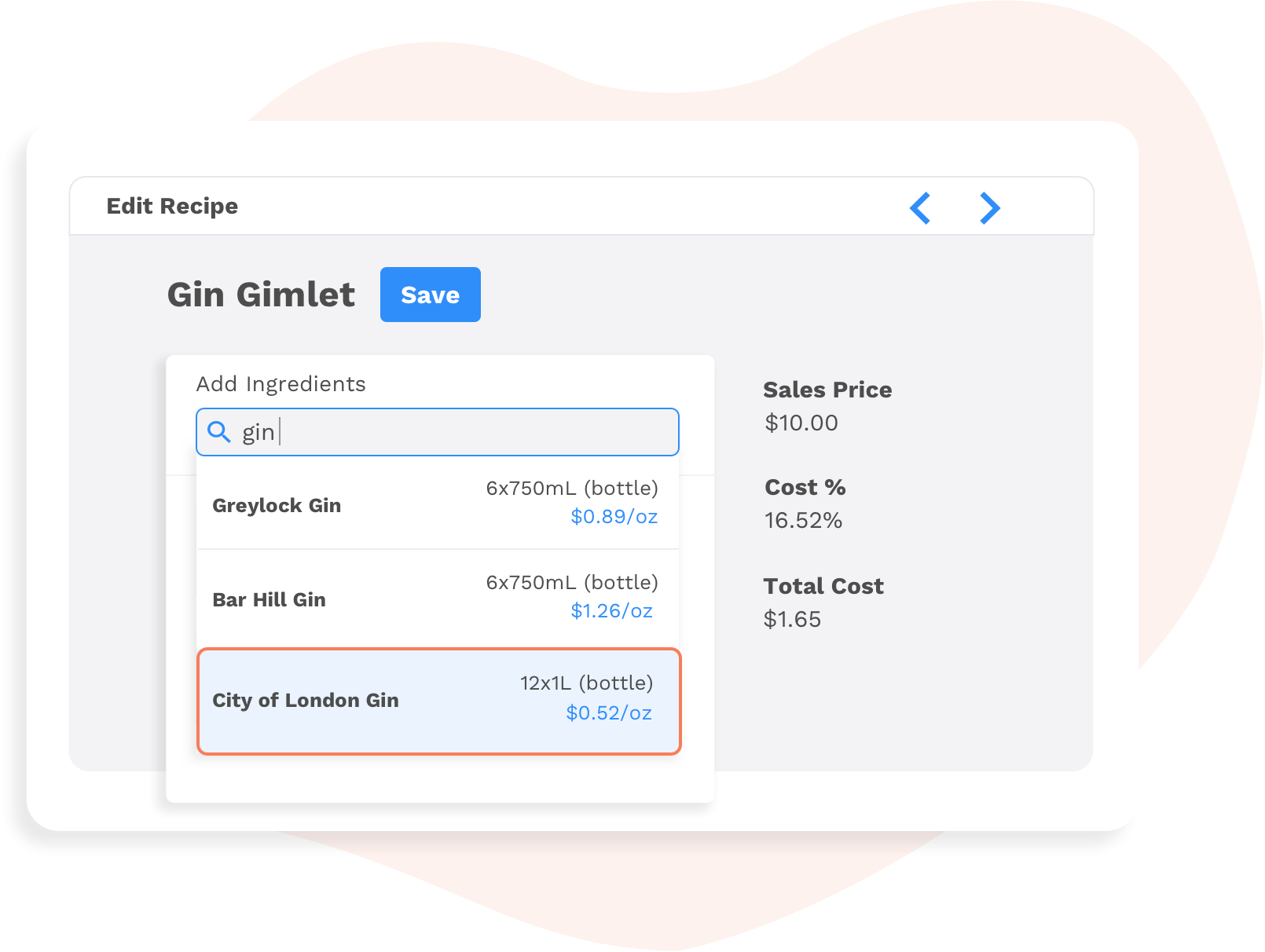 A mock-up of BevSpot's recipe feature highlighting how easy it is to swap ingredients.