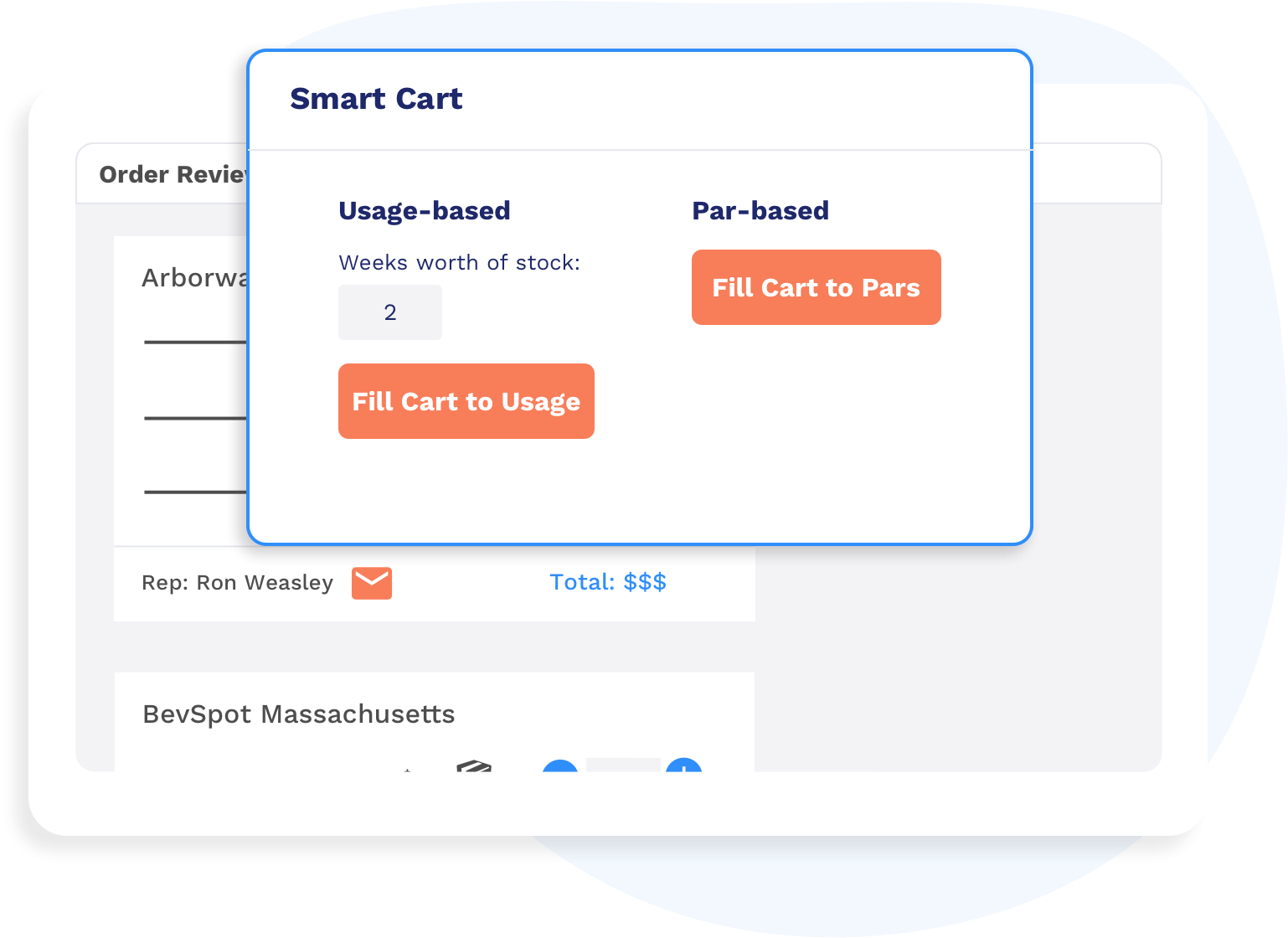 A mock-up of BevSpot's ordering flow highlighting the smart cart.